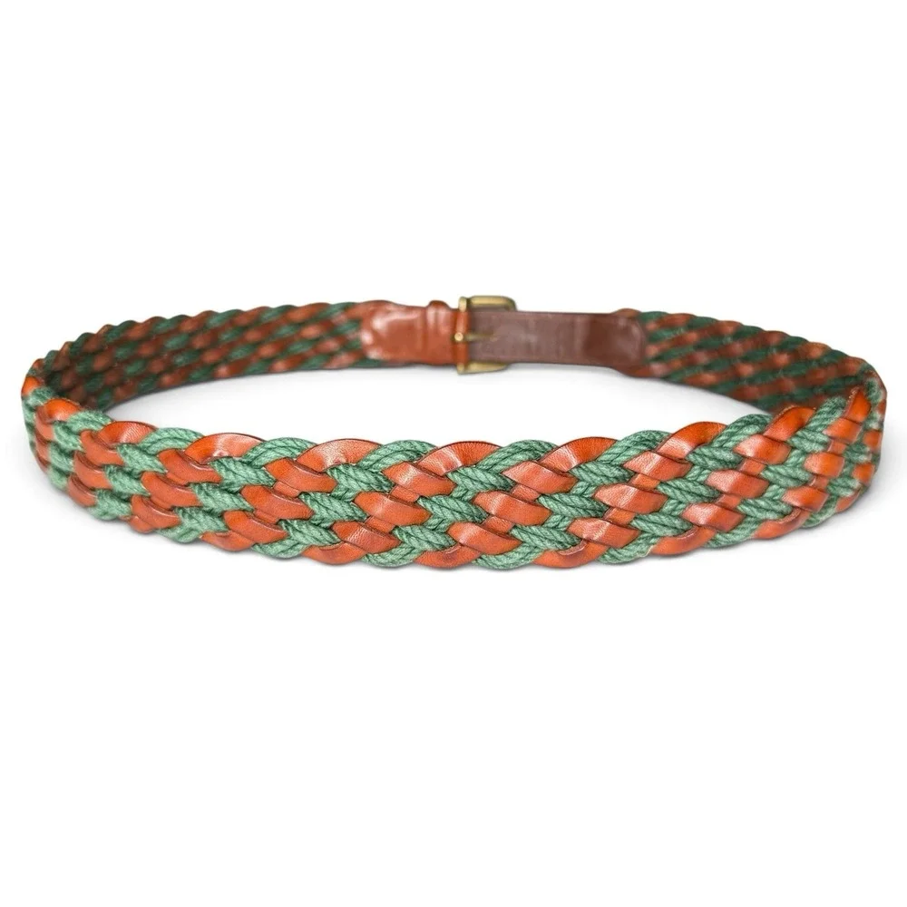 Canali Braided Leather Belt Size 38 Brown Green Made In Italy Gold Buckle